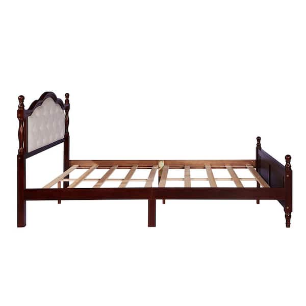 Japal Beige Plus Cherry Wood Frame Queen Size Upholstered Tufted Headboard and Platform Bed Set