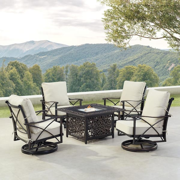 Oakland Living Black Aluminum Fire Table Set with 4-Club Chairs