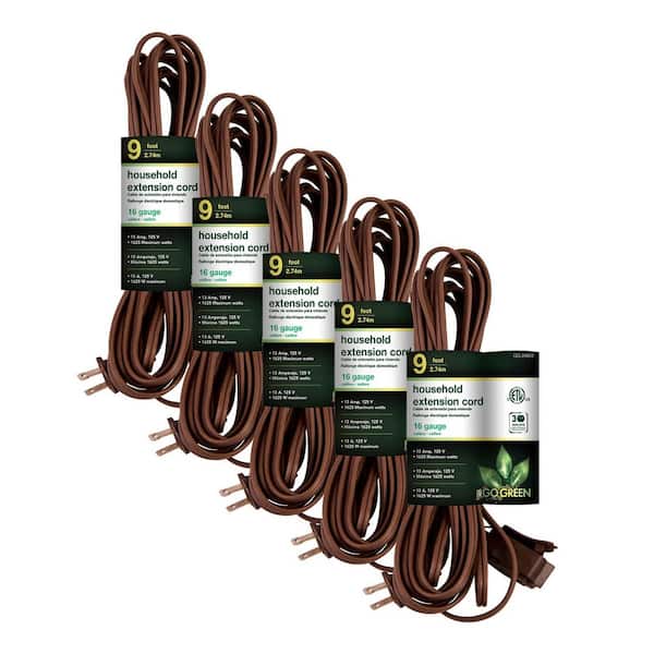 GoGreen Power (G-24812-5) 12 ft. 16/2 Indoor Household Extension Cord, 3 Outlets, Brown, 5 PACK