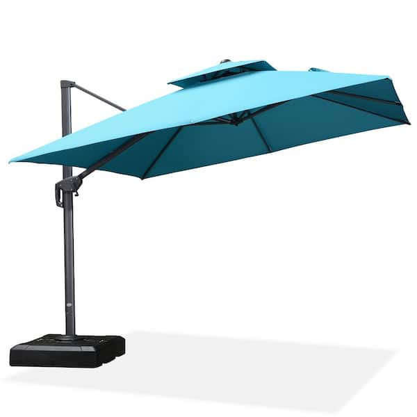 PURPLE LEAF 10 ft. Square 2-Tier Aluminum Cantilever 360-Degree Rotation Patio Umbrella with Base in Ground, Turquoise Blue