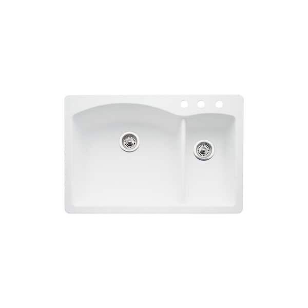 Blanco Diamond Granite 33 in. 3-Hole 70/30 Double Bowl Dual Mount Kitchen Sink in White