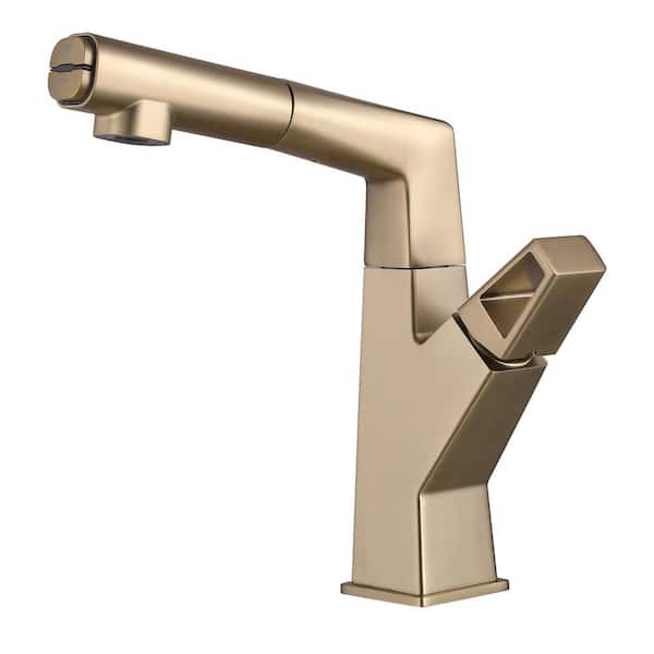 FLG Single Handle Single Hole Bathroom Faucet Brass Sink Faucets w/Pull Out Sprayer & 360-Degree Rotary Lift in Brushed Gold