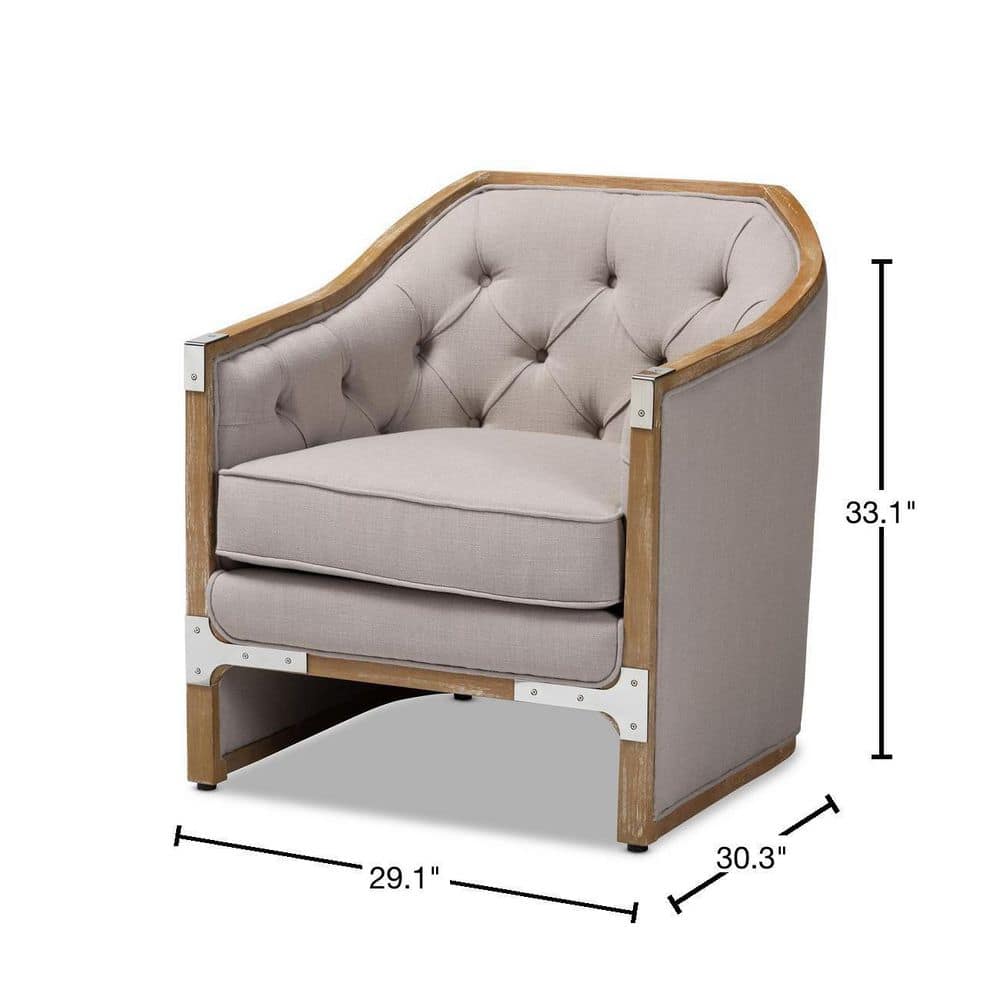 Beige Linen and Oak Barrel Accent Chair