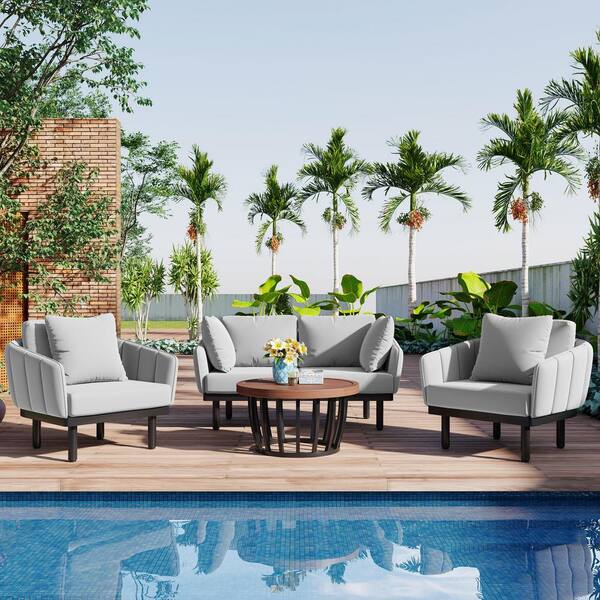 Polibi 4-Piece Metal Patio Conversation Set with Acacia Wood Round Coffee Table and Gray Cushions