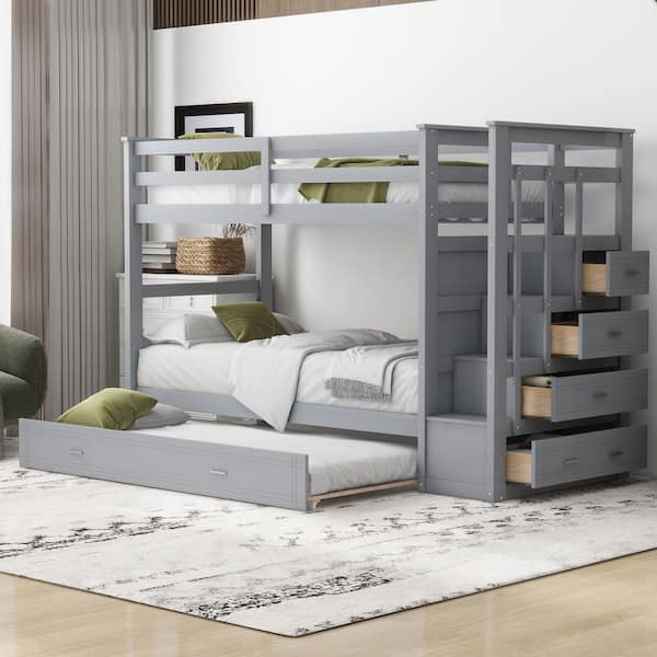 Polibi Gray Twin Over Twin Bunk Bed with Trundle and Staircase