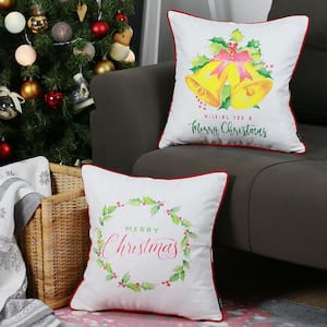 Christmas Bells and Quote Decorative Throw Pillow Square 18 in. x 18 in. White and Red for Couch, Bedding (Set of 2)