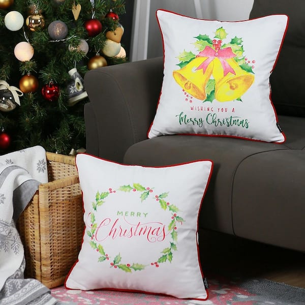 MIKE & Co. NEW YORK Christmas Bells and Quote Decorative Throw Pillow Square 18 in. x 18 in. White and Red for Couch, Bedding (Set of 2)