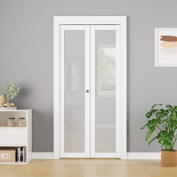 36 in. x 80 in. 1-Lite Glass Frosted Glass and Solid Core White Finished MDF Bi-Fold Door with Hardware