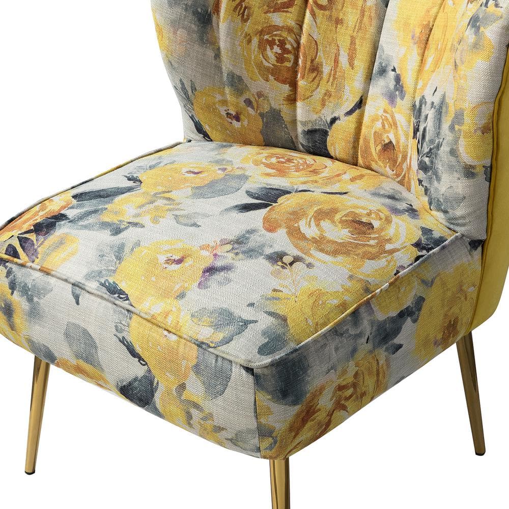 Yellow Floral Tufted Slipper Chair with Gold Metal Legs