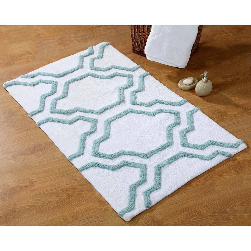 White and Blue Geometric Cotton Bath Rug Set