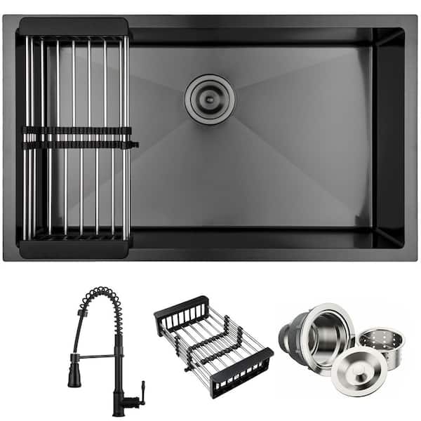 All-in-One Matte Black Finished Stainless Steel 32 in. x 19 in. Undermount Single Bowl Kitchen Sink with Faucet