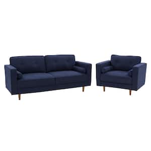 Mulberry 78 in. Fabric Upholstered Modern Square Arm Rectangular 3-Seat Sofa and Chair Set in Navy Blue