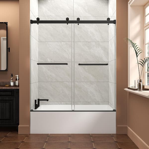 Dark 60 in. W x 60 in. H Semi Frameless Double Bypass Sliding Tub Door in Matte Black with Tempered Glass