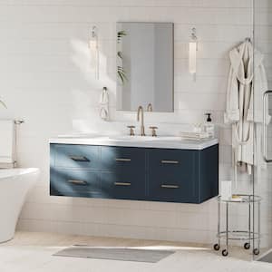 Hutton 54.25 in. W x 22 in. D x 19.6 in. H Single Sink Freestanding Bath Vanity in Midnight Blue with Carrara Quartz Top