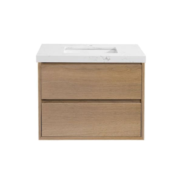 Solenne 30 in. Single Sink Floating Bath Vanity in Natural Oak with White Carrara Engineered Stone Top