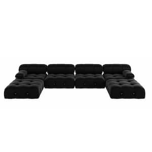 138.61 in. Square Arm 6-Piece U Shaped Velvet Modular Free Combination Sectional Sofa with Ottoman in Black