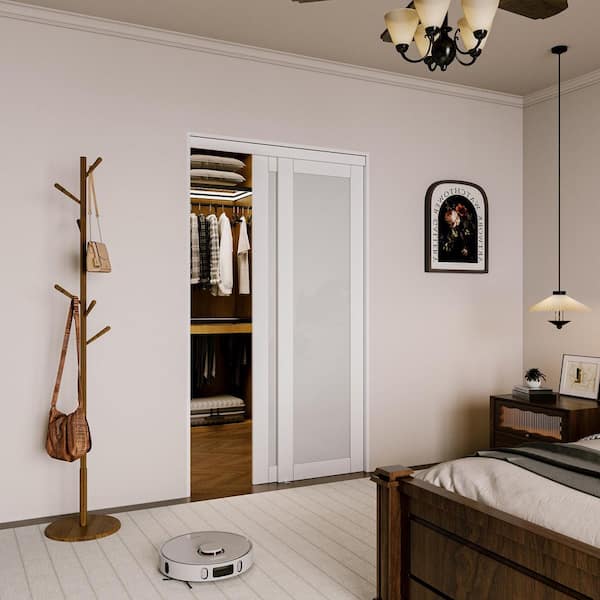 48 in. x 80 in. 1-Lite White Tempered Frosted Glass Finished Interior Closet Sliding Door with Hardware