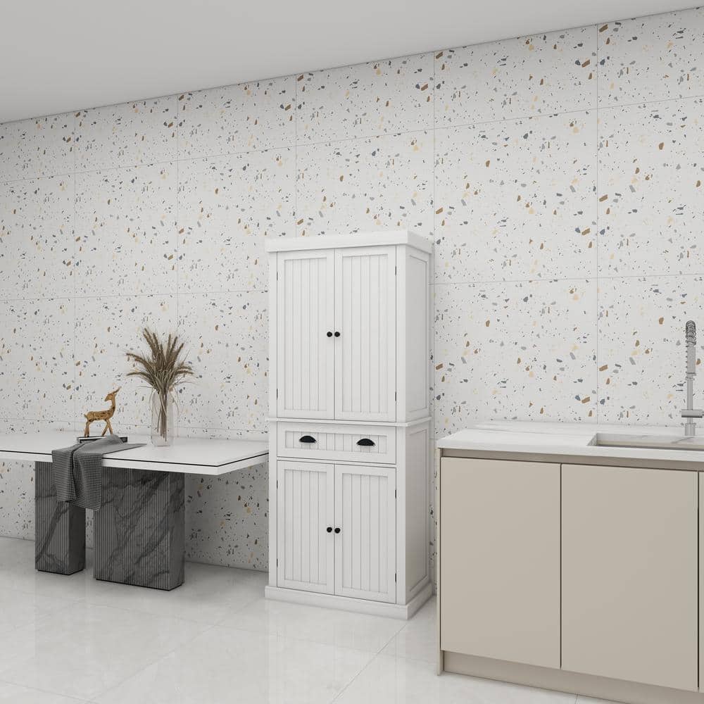 White Freestanding Storage Cabinet with Adjustable Shelves and Drawer
