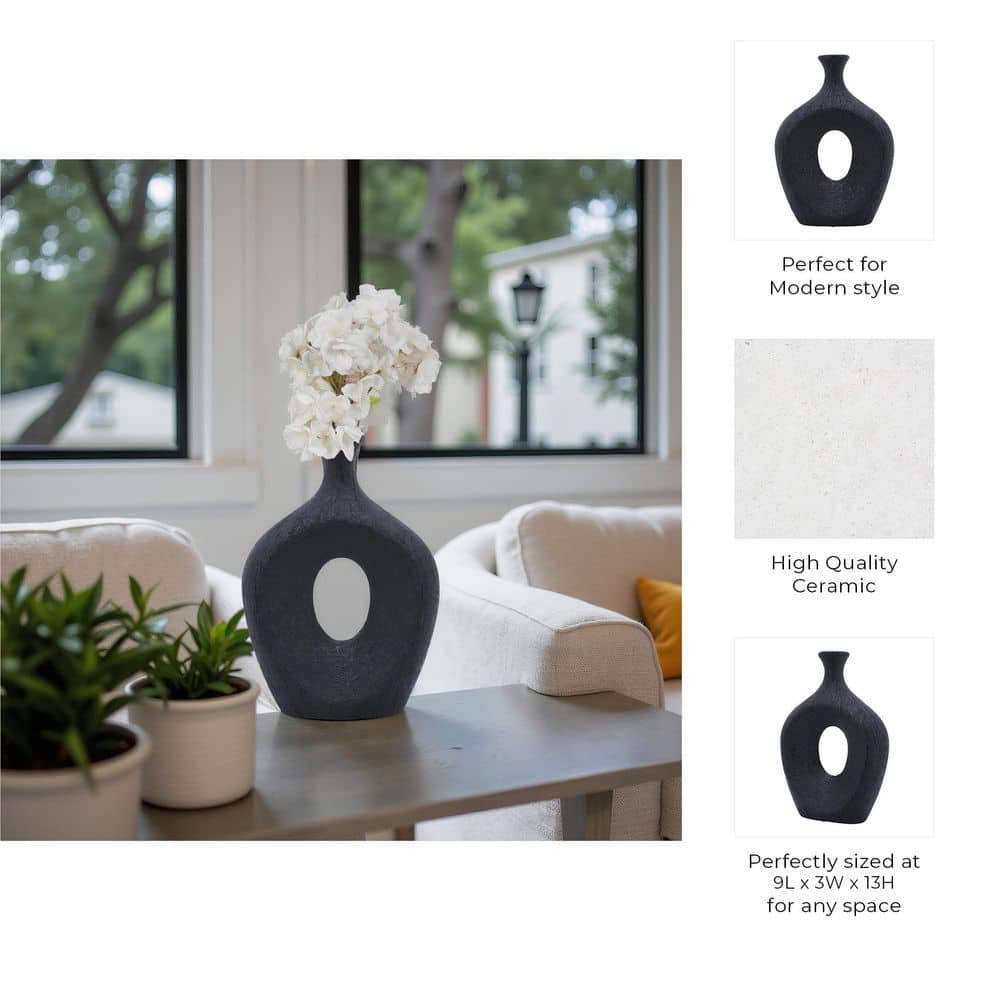 Black Ceramic Beaded Oval Vase with Cut-Out Design