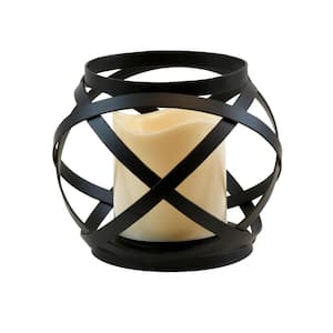 Metal Lantern - Warm Black Banded Design with Battery Operated Candle