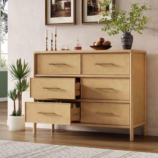 Baeyer Modern Natural Finish 48 in. W Sideboard Accent Storage Cabinet with 6 Drawers, Wood Frame