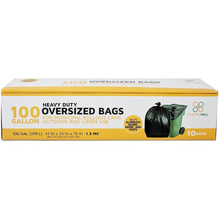 PlasticMill 67 in. W x 79 in. H. 100 Gal. 1.3 mil Black Trash Bags (10-Count)