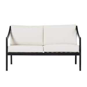 Black Wash Slat-Back Wood Modern Outdoor Loveseat with Bisque Cushions