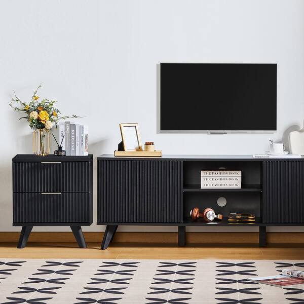 ATHMILE Black Wooden 2-Drawer Waveform Nightstand /Bedside Table