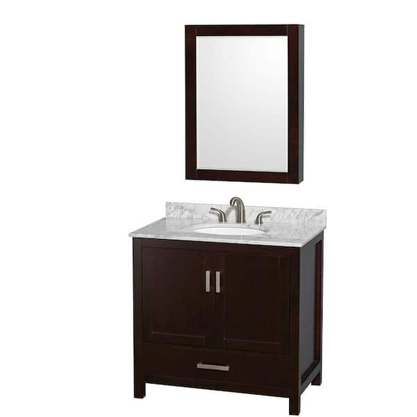 Wyndham Collection Sheffield 36 in. W x 22 in. D x 35 in. H Single Bath Vanity in Espresso with White Carrara Marble Top and MC Mirror