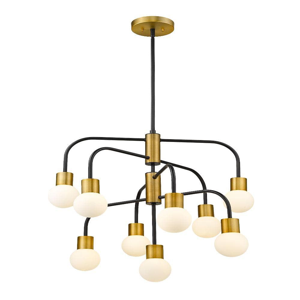 Neutra Mid-Century Modern Matte Black and Brass 9-Light Chandelier