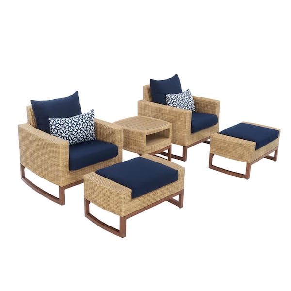 RST BRANDS Mili 5-Piece Wicker Patio Deep Seating Conversation Set with Sunbrella Navy Blue Cushions