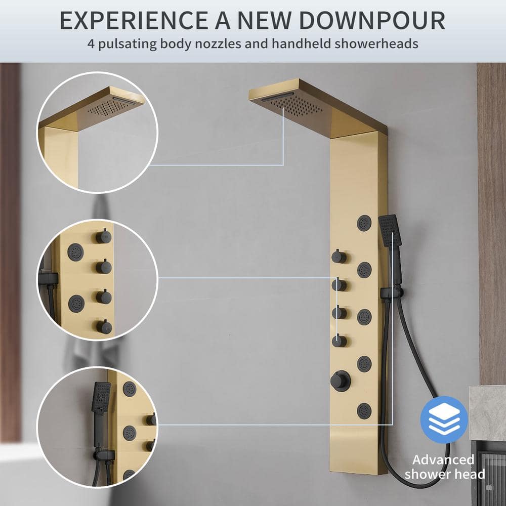 Gold and Black Stainless Steel 5-Jet Rainfall Shower Panel System