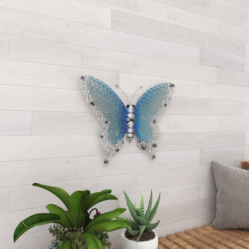 Silver and Blue Metal Butterfly Wall Sculpture