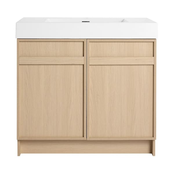 36 in. W x 20 in. D x 35 in. H Single Sink Freestanding Bath Vanity in Oak with White Resin Top