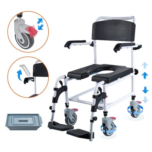 Shower Commode Wheelchair, 4 Locking Wheels, Footrests, Flip-Up Arms, 3-Level Height Adjustable, 5L Bucket, 350 Lbs