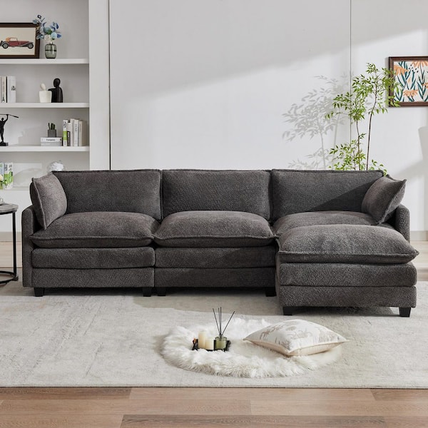 112.2 in. W 4-Piece Modern Fabric Looped Velvet Sectional Sofa with Ottoman in Carbon Ash