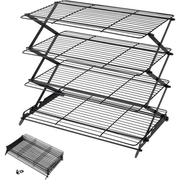 4-Tier Black Wire Steel Collapsible Adjustable Stackable Nonstick Cooling Rack for Baking Cookies Cakes Pies Muffins