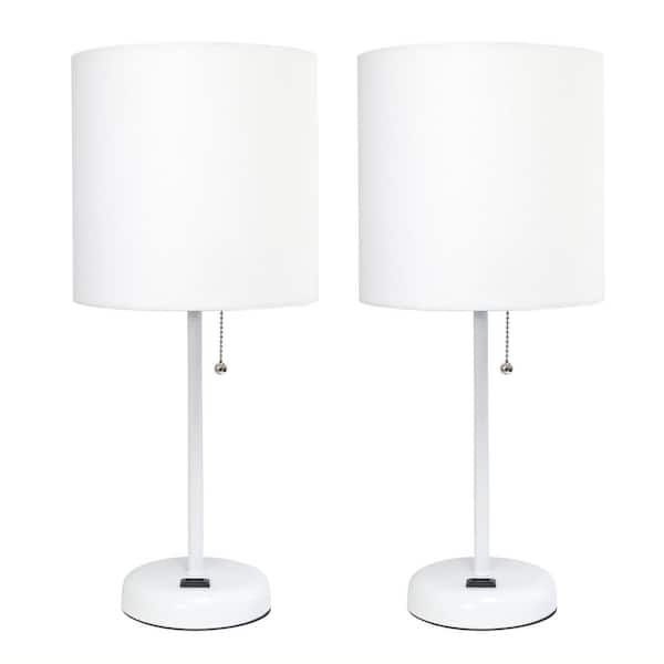Simple Designs 19.5 in. White Stick Lamp with Charging Outlet and Fabric Shade White (2-Pack)