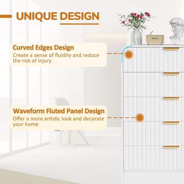 White 5-Drawer 31.5 in. W MDF Rounded Corner Dressers Chest of Drawers with Metal Handles