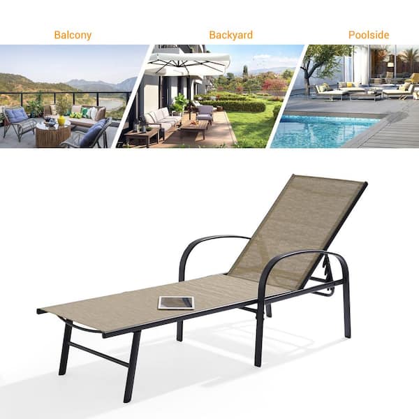 Hampton bay mix and match steel stackable sling outdoor chaise lounge in riverbed taupe with discount headrest