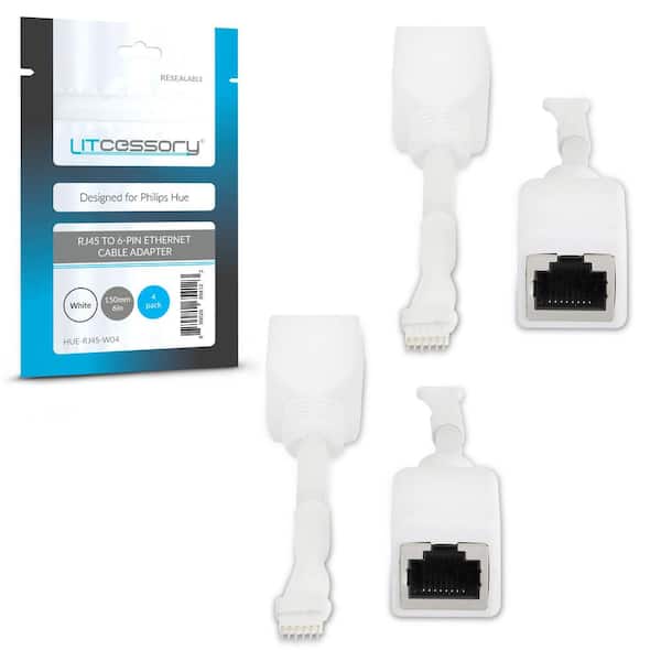 LITCESSORY RJ45 To 6-Pin Ethernet Cable Adapter for Philips Hue Lightstrip Plus (4-Pack - 2 Pairs, White - Micro 6-Pin V4)