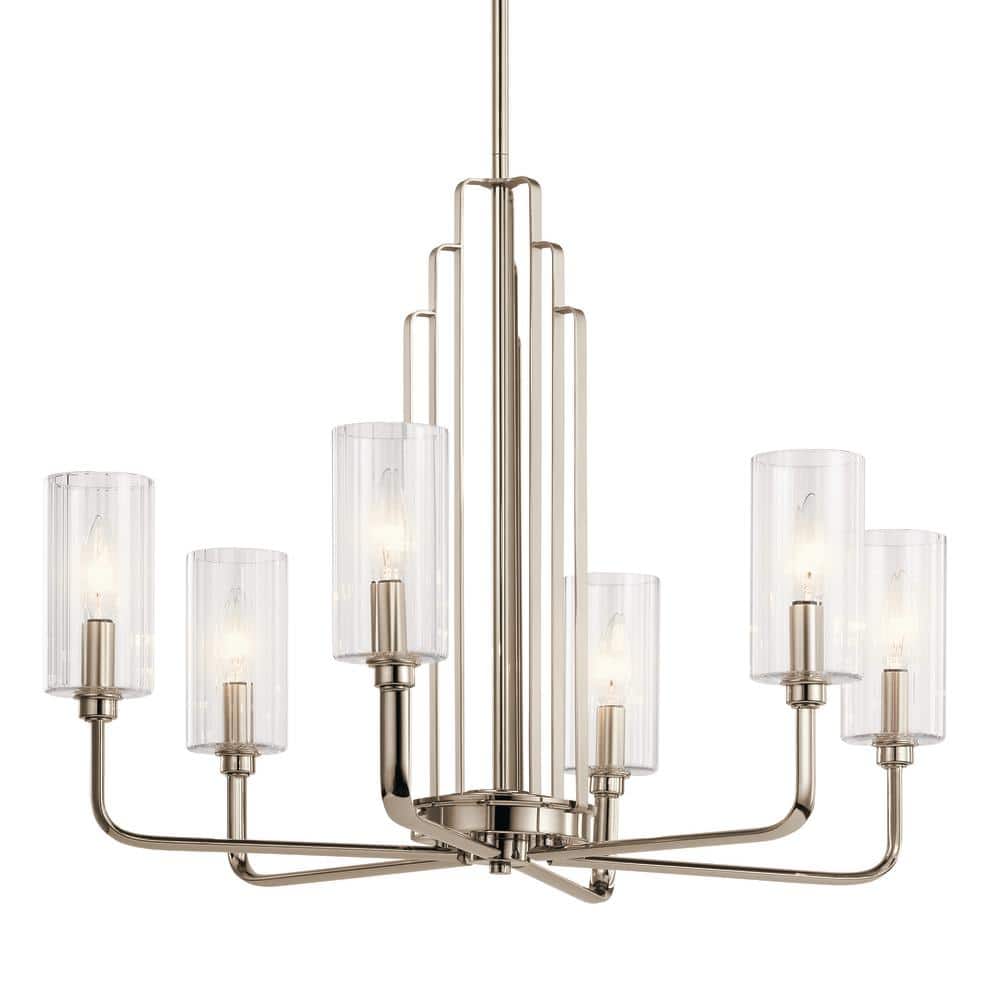 Elegant Art Deco 6-Light Chandelier in Polished Nickel with Clear Fluted Glass