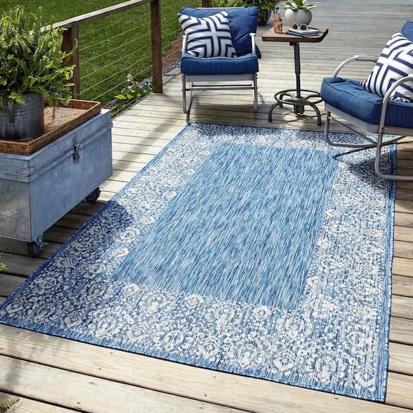 Outdoor Floral Border Azure Blue 8 ft. x 10 ft. Area Rug