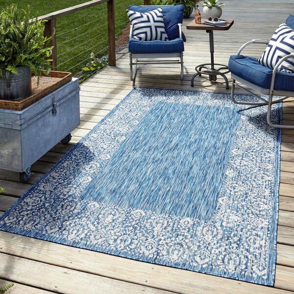 Unique Loom Outdoor Floral Border Azure Blue 6 ft. x 9 ft. Area