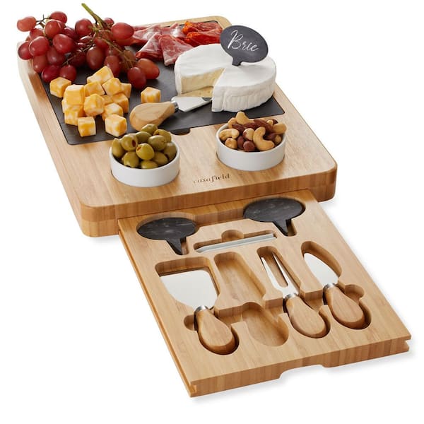 Casafield 15.25 in. Traditional Natural Brown Bamboo Cheese Board Charcuterie Gift Set with Cheese Knives and Dip Bowls