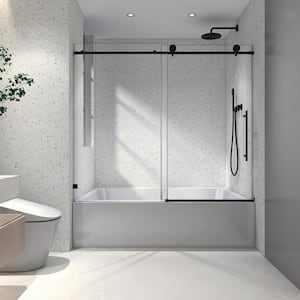 55 in. to 60 in. W x 63 in. H Sliding Frameless Tub Door in Matte Black Finish with Clear Glass