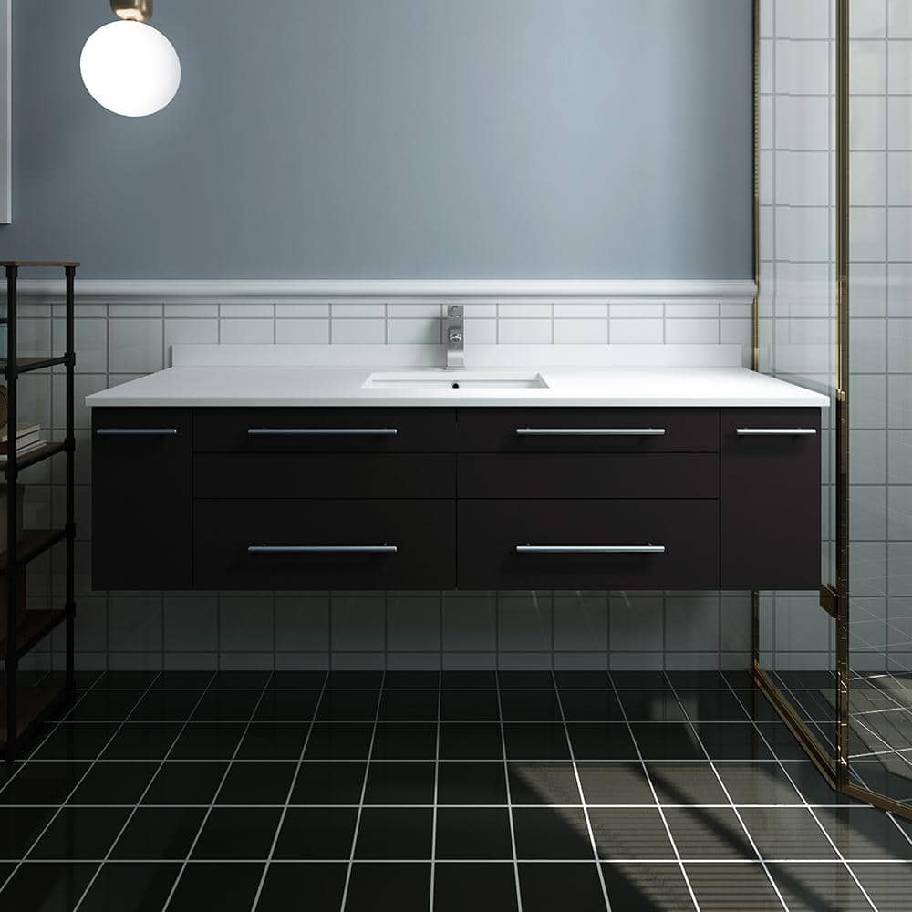 Espresso 60'' Wall-Mount Vanity with Quartz Top and Ceramic Sink