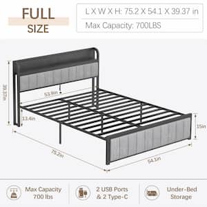 Bed Frame, Gray Metal Frame Full Platform Bed Upholstered Headboard with Storage Charging Station, Sturdy Metal Slats