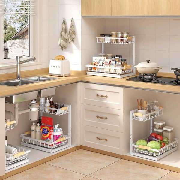 2 Packs Carbon Steel Adjustable 2 Tier Under Sink Organizer Multi-Purpose Storage Shelf for Kitchen Cabinet White