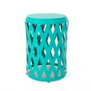 15 in. Blue Cylindrical Iron Outdoor Side Table